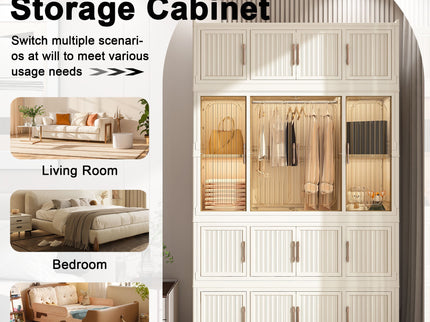 Portable Wardrobe Closet Storage Organizer With 17 Magnetic Doors, 17 Cubes, Hanging Rod & 6 Hangers - Creamy White