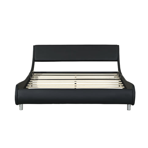Queen Size Upholstered Platform Bed Frame With LED Lighting, Curve Design, Slat Support, No Box Spring Needed - Black