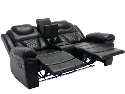 3 Pieces Recliner Sofa Sets Home Theater Seating Manual Recliner Chair With Center Console And LED Light Strip For Living Room
