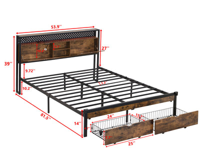 Modern Metal Platform Bed Frame With Wooden Headboard, USB Charging Station, Storage Drawers