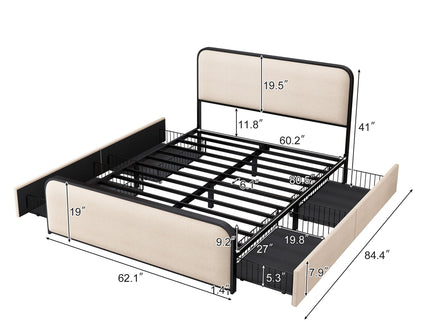 Modern Bed With Curved Upholstered Headboard And Footboard, Heavy Duty Metal Slats