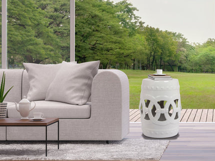 Elegant Glazed Ceramic Drum Stool Indoor / Outdoor Side Table Accent Garden Stool - White