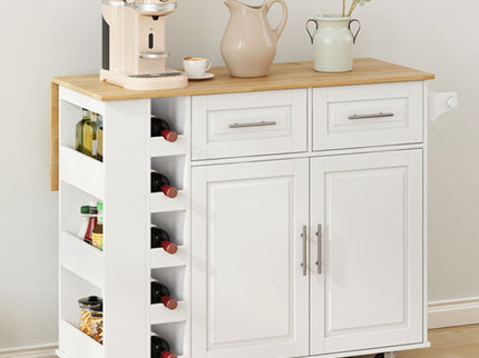Kitchen Island Cart With 2 Door Cabinet, 2 Drawers, Spice Rack, Towel Holder, Wine Rack, And Foldable Top - White