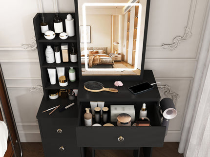 Vanity Desk With 3 LED Lighting Modes, 4 Drawers, Open Shelves, Hair Dryer Holder & Power Socket Dressing Table Set With Chair - Black