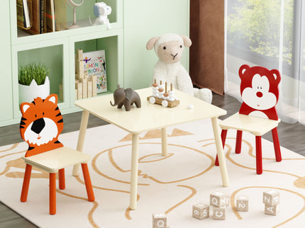 Table And 2 Chairs Set, Activity Play Table Set With Bear & Tiger Design - Natural