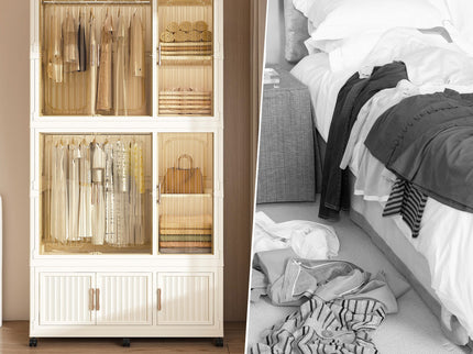 Portable Wardrobe Closet Storage Organizer For Clothes, 9 Magnetic Doors With 9 Cubes & 2 Hanging Rods, 6 Hangers - Cream White