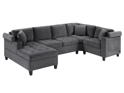 U Shaped Sectional Sofa, Corner Living Room Couch With Built In Cup Holders, Storage, USB Ports