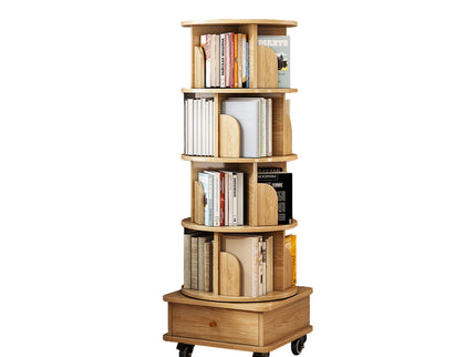 Rotating Bookshelf With Wheels And Drawer, 360° Spinning Design, Space Saving Storage