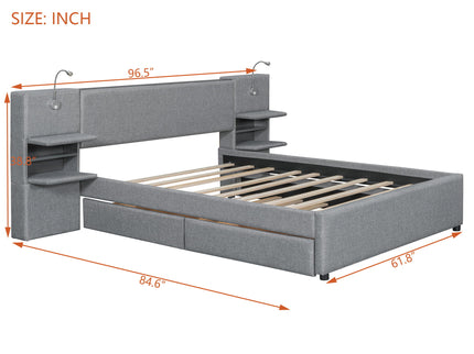 Upholstered Platform Bed With Reading Lights, Drawers, Trundle And Shelves