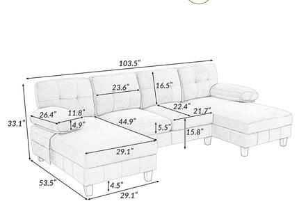U-Shaped Sectional Sofa 103.5" Fabric Couch With Dual Chaise Lounges, Storage Pockets, Armrest Pillows