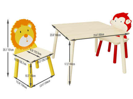 Kids Table And 2 Chairs Set, 3 Pieces Toddler Table And Chair Set, Wooden Activity Play Table Set (Lion&Monkey) - Natural