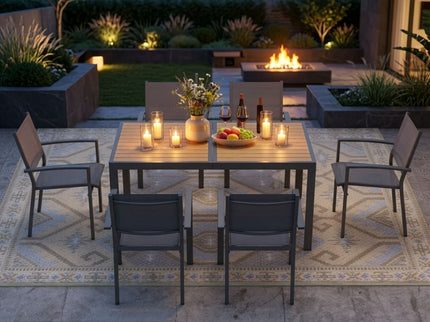 7 Piece Gray Patio Dining Set With Hdps Table And Textilene Chairs For Outdoor Use, Metal Furniture