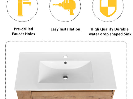 Modern Wall Mounted Bathroom Vanity With Ceramic Sink And Storage Rack, 2 Soft Close Drawers