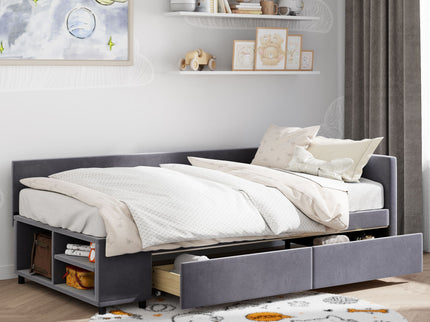 L Shaped Upholstered Platform Bed With Storage And Drawers