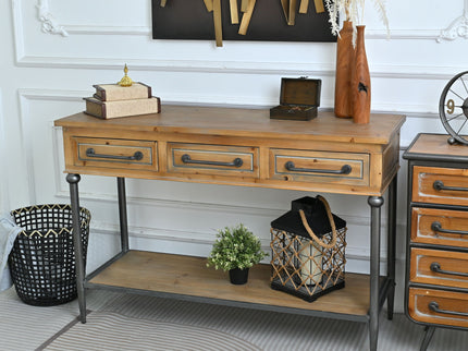 Accent Storage Console Table With Open Shelf And 3 Drawers For Living Room - Natural Wood / Brown