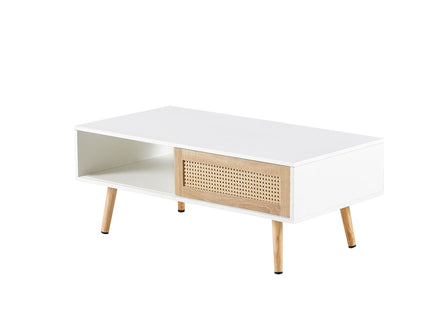 41.34" Rattan Coffee Table, Sliding Door For Storage, Solid Wood Legs, Modern Table For Living Room