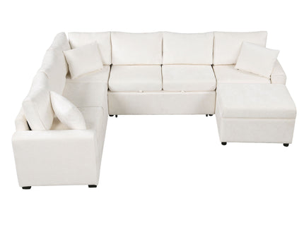 Sectional Sofa Pull-Out Sofa Bed Sleeper With A Storage Ottoman, Three Pillows And Charging Devices For Living Room