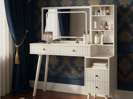 Fluted Vanity Desk With Lighted Mirror & Outlet 4 Drawer, Makeup Table - White