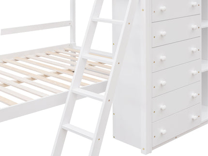 Bunk Bed With 6 Drawers And Flexible Shelves, Bottom Bed With Wheels