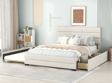 Queen Platform Bed With Twin Trundle And 2 Storage Drawers - Beige