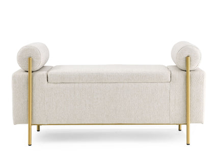Elegant Upholstered Storage Bench With Cylindrical Arms And Iron Legs,
