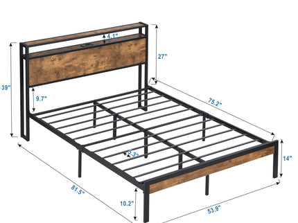 Platform Bed Frame With Wooden Headboard And Footboard, USB Liner