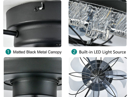Ceiling Fan With Light, Flower Caged Ceiling Fan With Remote, LED Low Profile Ceiling Light - Matte Black