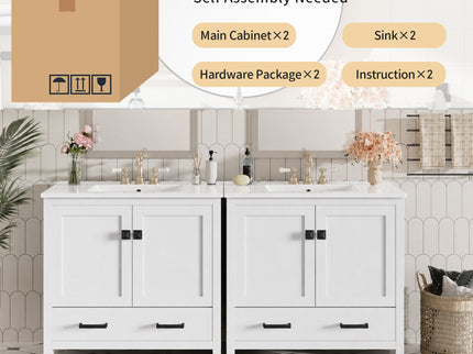 Bathroom Vanity With Sink, Soft Close Doors, Double Storage Shelves & Divided Drawer Ample Storage - White