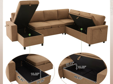 U - Shaped Convertible Sectional Sofa Bed With Storage, USB Charger & Cup Holders