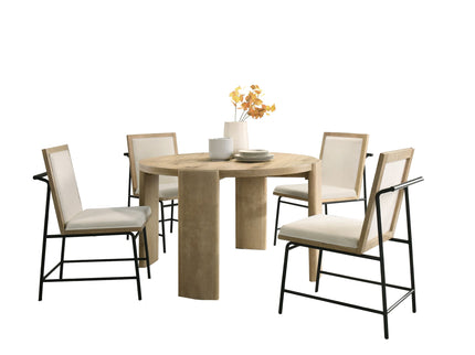 Bowen - Round Dining Table With Cream Color Upholstered Chairs (Set of 5) - Oak Finish