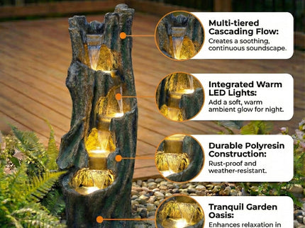 Tree Trunk Cascading Water Fountain, Outdoor LED Lighted - Gray