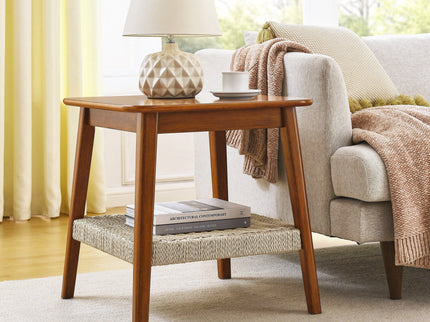 Mid - Century Square Side Table With Woven Shelf - Walnut