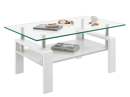 Modern Rectangular Coffee Table With Tempered Transparent Glass Top And Storage Shelf