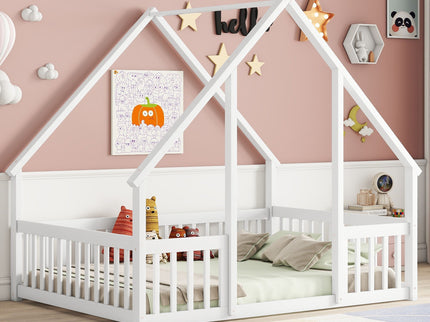 Wood House-Shaped Floor Bed With Fence, Guardrails