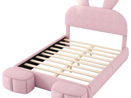 Full Upholstered Platform Bed With Cartoon Ears Headboard And LED Light - Pink