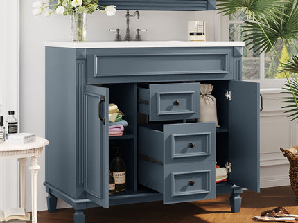 36" Bathroom Vanity With Top Sink, Basin On Cabinet With 2 Soft Closing Doors And 2 Drawers - Blue