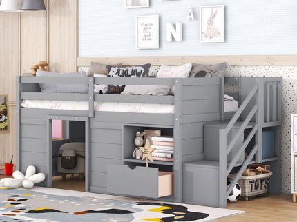 Low Loft Bed With Stair, Drawer, And Shelf