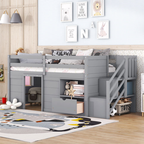 Low Loft Bed With Stair, Drawer, And Shelf
