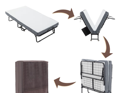 Foldable Metal Frame Bed For Guest With Memory Foam Mattress On Wheels, Saving Space Rollaway Bed