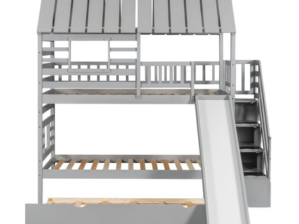 House Bunk Bed With Trundle, Storage Staircase, Roof And Window Design