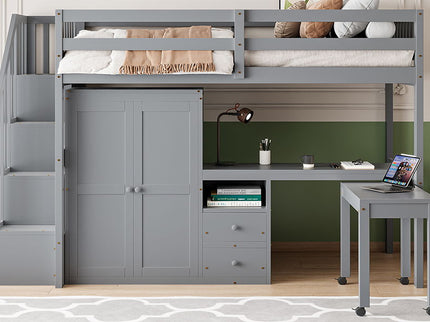 Loft Bed With Stairs, Bookshelf, Drawers, Desk & Wardrobe, Space Saving Multifunctional Furniture