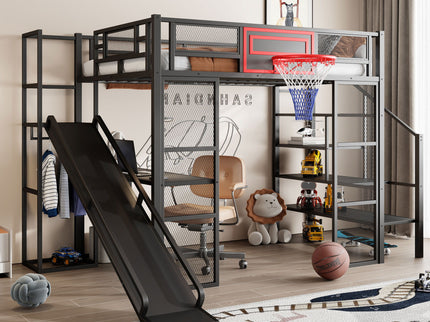 Loft Bed With Built In Desk, Open Wardrobe, Basketball Hoop, Slide And Staircase