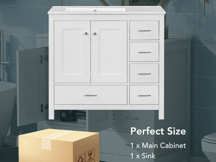 Bathroom Vanity With Ceramic Sink Combo, Abundant Storage Cabinet 2 Soft Close Doors And 5 Drawers