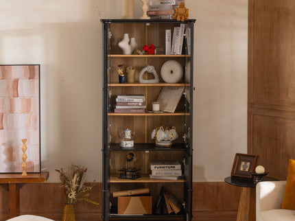 Vintage Display Cabinet With Double Glass Doors, Traditional Style For Collectibles, Ash Wood Veneer, 73.25" Tall - Black / Natural