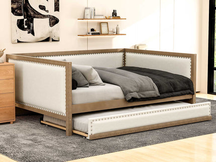 Full Size Daybed With Trundle And Nailhead Decoration - Wood