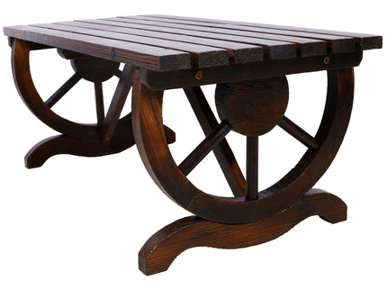 Rustic Wooden Bench With Wagon Wheel Legs For Garden And Patio - Brown