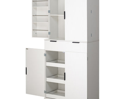 Fluted Kitchen Pantry Cabinet With 3 Keyboard Drawers & 6 Adjustable Door Shelves