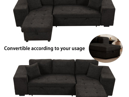 Modern L-Shape 3 Seat Reversible Sectional Couch, Pull Out Sleeper Sofa With Storage Chaise And 2 Stools For Living Room Furniture Set