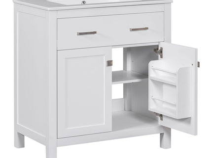 Bathroom Vanity With Ceramic Sink, Modern Single Bathroom Cabinet With 2 Doors And A Shelf, Soft Close Doors