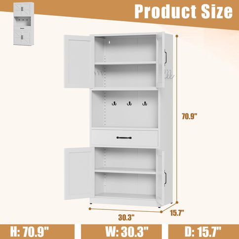 Kitchen Pantry Cabinet With Adjustable Shelves, Drawers, Hooks And Large Countertop - White